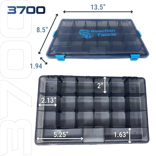 Reaction Tackle Standard Tackle Trays, Plastic Tackle Box Organizers with Four Secure Latches, Removable Dividers and Semi Transparent Lid for Fishing Storage - 3700 (4-Pack) - size: 3700 (4-Pack)