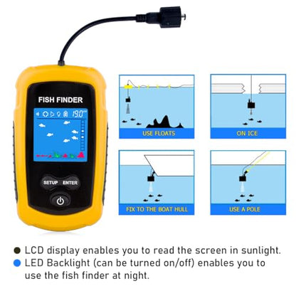 Portable Wired Fish Finder Ice Kayak Fishing Gear Water Depth Finder Handheld Fishfinder LCD Display Sonar Transducer - style: Basic with Water-Resistant Bag