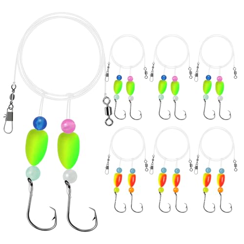 Pompano Rigs for Surf Fishing Saltwater Pre-Rigged Fishing Rigs with Floats Beads Double Circle Hook Surf Fishing Tackle 5/12/15PCS - color: chartreuse+orange/yellow-6pcs