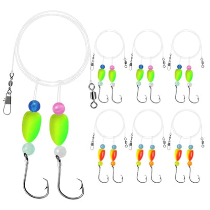 Pompano Rigs for Surf Fishing Saltwater Pre-Rigged Fishing Rigs with Floats Beads Double Circle Hook Surf Fishing Tackle 5/12/15PCS - color: chartreuse+orange/yellow-6pcs