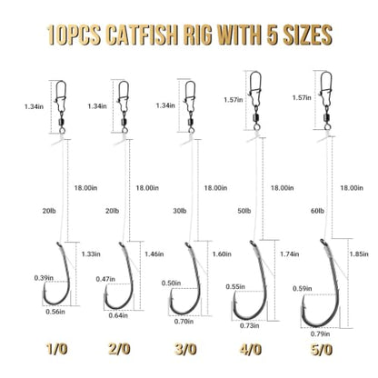 FishTrip Pre-Rigged Catfish Rig, Baitholder Fishing Hook Rig for Freshwater | 10pcs Double Barbed Long Shank Offset Fish Hook Rigs with Leader Line, Fishing Swivel & Snaps for Catfish, Carp, Bass 1/0-5/0 - size: 3/0#~10pcs