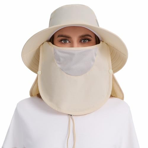 BASSDASH UPF 50+ Breathable Sun Hat with Removable Face Cover and Neck Flap Wide Brim Bucket Hat for Fishing Hiking Men Women - color: Beige
