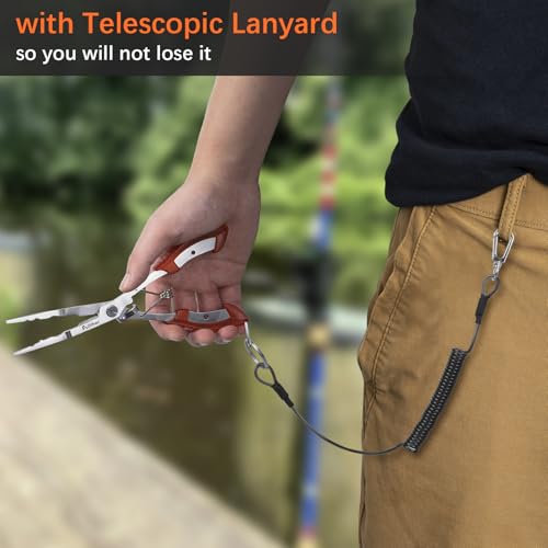 Stainless Steel Fishing Pliers,Needle Nose Pliers Fishing,Fishing Gear Hook Remover with Lanyard,Multitool for Saltwater - color: red