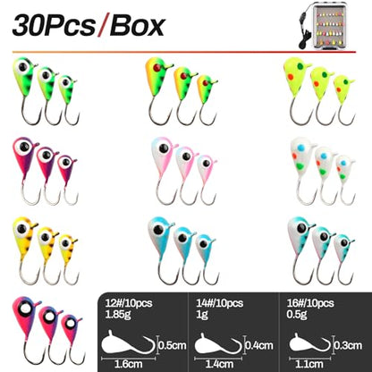 Tungsten Ice Fishing Jigs Lures with Ultra Sharp Hooks for Panfish, Perch, Trout in Winter - Ideal Fishing Gift Set, 30PCS Assorted Jigs in Storage Box