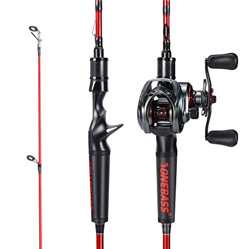 One Bass Fishing Rod and Reel Combo, IM7 Graphite 2 Pc Blank Baitcasting Combo, Spinning Rod with Super Polymer Handle - color: Red- Casting- Right Handed, size: 7'0"-MH-Fast