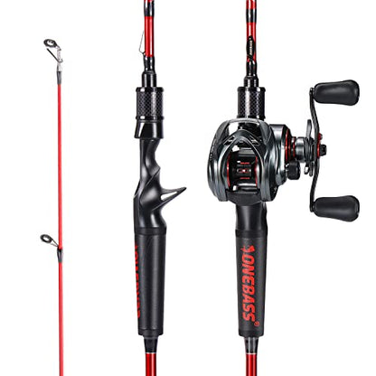One Bass Fishing Rod and Reel Combo, IM7 Graphite 2 Pc Blank Baitcasting Combo, Spinning Rod with Super Polymer Handle - color: Red- Casting- Right Handed, size: 7'0"-MH-Fast