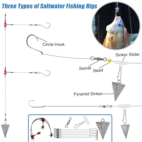 Saltwater Fishing Tackle Kit,131pcs Surf Fishing Gear with Saltwater Fishing Lures Fish Finder Rigs Pyramid Sinkers Hooks Swivels Wire Leaders Spoon Lure Bobbers Various Accessories
