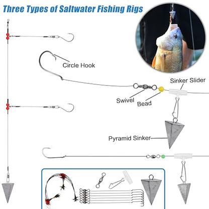 Saltwater Fishing Tackle Kit,131pcs Surf Fishing Gear with Saltwater Fishing Lures Fish Finder Rigs Pyramid Sinkers Hooks Swivels Wire Leaders Spoon Lure Bobbers Various Accessories