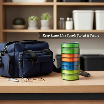 Fishing Line Spool Organizer Box, Durable PP Plastic Storage Case with Silicone Holders for Braid, Mono, and Fluoro Spools - size: 5 x 2.44 x 5 in