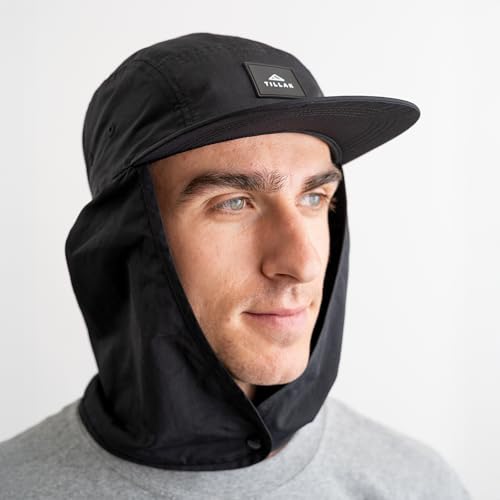 Tillak Chamisa Sun Hat, Lightweight Nylon 5 Panel Cap with Hide-able Neck Shade and Spring Cord - color: Black