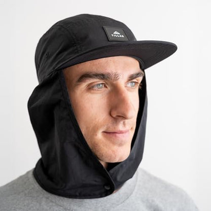 Tillak Chamisa Sun Hat, Lightweight Nylon 5 Panel Cap with Hide-able Neck Shade and Spring Cord - color: Black