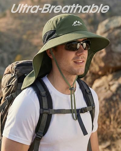 FURTALK Sun Hats for Men Women Fishing Hat with Neck Flap Chin Strap UPF 80+ Wide Brim Hiking Safari Summer Hats - color: Green
