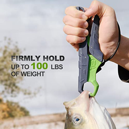 SNAIL TRAIL 7.5'' Floating Fish Gripper, Fishing Grabber | Catfish Mouth Pliers, Caught Bass Holder, Fish Scale Hook Clamp, Saltwater Lip Grip Tool with Lanyard, Gifts for Men - color: Gray-green