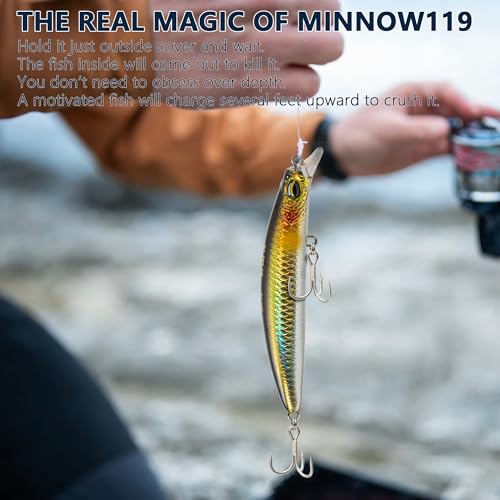 Jerkbait Fishing Lure Minnow 119S, Slow Sinking Saltwater Surf Fishing Lures with Tungsten Weight, Long Cast System, Through-Wire Construction, BKK 4X Hooks, for Halibut Striped Bass Surf Perch