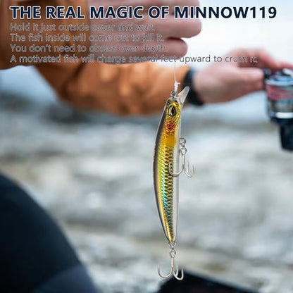 Jerkbait Fishing Lure Minnow 119S, Slow Sinking Saltwater Surf Fishing Lures with Tungsten Weight, Long Cast System, Through-Wire Construction, BKK 4X Hooks, for Halibut Striped Bass Surf Perch