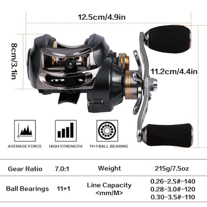 Sougayilang Baitcasting Fishing Reel, 11+1 Shielded Bearings, 18LB Carbon Fibre Drag, 7.0:1 Baitcsters,Magnetic Brake System Fishing Reel