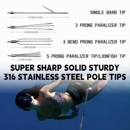 Hawaiian Sling Fishing Spear Set 6ft Fiberglass Travel Pole Spears 3 Prong Paralyzer Hand Spear Fishing Pole Harpoon Spear Fishing Equipment Spearfishing Gear for Snorkeling, Freedivng, Scuba Diving
