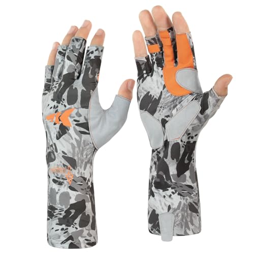 KastKing Agies Fishing Gloves Men, UPF 50+ Sun Gloves UV Protection, Cooling Quick-Dry 3/4 Fingerless Gloves with Extended Cuff, Microfiber Palm & Pull Tabs, for Fishing, Kayaking, Hiking, Hunting - color: X Camo-Gray, size: Small-Medium