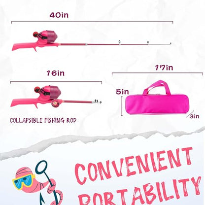 Kids Fishing Pole, Telescopic Fishing Rod, Toddler Collapsible Fishing Rod and Reel Combo with Tackle Box, Fishing Line, Bobber, and Soft Lures for Boy, Girl, Youth, Beginner, Over 4 Years Old - color: pink