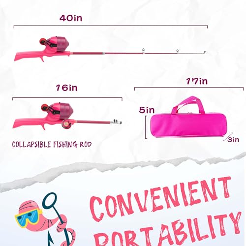 Kids Fishing Pole, Telescopic Fishing Rod, Toddler Collapsible Fishing Rod and Reel Combo with Tackle Box, Fishing Line, Bobber, and Soft Lures for Boy, Girl, Youth, Beginner, Over 4 Years Old - color: pink+blue+orange