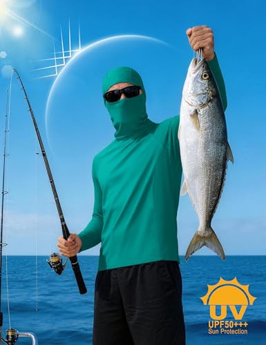 Roadbox Men's UPF 50+ Sun Shirt Long Sleeve Fishing Hoodie, UV Protection Hooded Rash Guard with Mask for Hiking Running - color: Ocean Teal, size: XX-Large