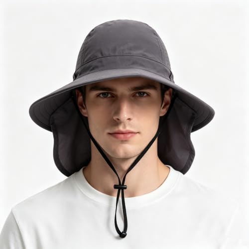 2Pack Sun Hat for Men Women with Neck Flap | UPF 50+ Wide Brim and Ponytail Hole Hiking Fishing Bucket Hat - color: 2pcs-black&gray