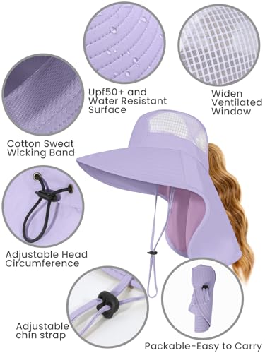 Sun Hats for Women UV Protection with Neck Flap Wide Brim Beach Hats with Ponytail Hole for Hiking Fishing Gardening Travel - color: Light Purple