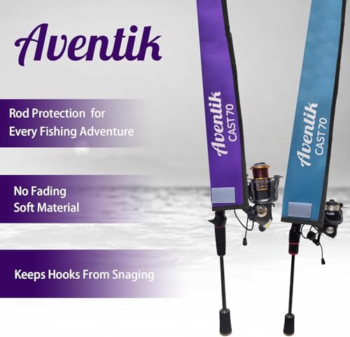 Aventik Lightproof Neoprene Rod Sleeve – Protective Fishing Rod Sock Cover with Hanging Loop & Adjustable Lanyard for Casting, Spinning & Trolling Rods - color: Black+Purple, size: Length: 52''/1.32m