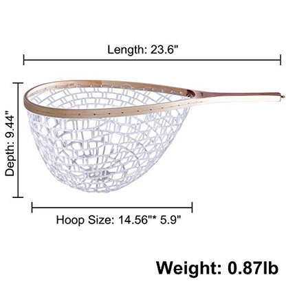 PLUSINNO Fly Fishing Net, Wooden Frame Fishing Landing Net with Magnetic Release, Soft Rubber Mesh Net for Trout Bass Catch and Release, Magnetic Fly Fishing Gear
