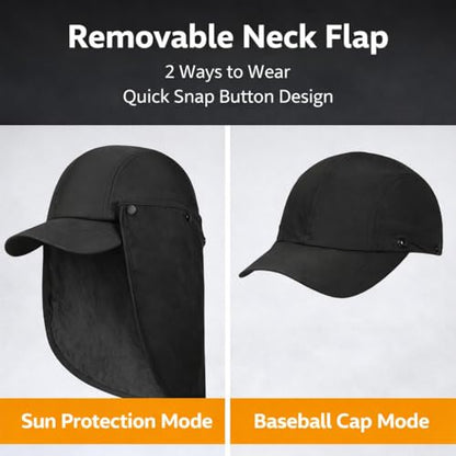 Mens L/XL/XXL Sun Hat with Removable Neck Flap UPF 50+ Fishing Hat Waterproof Quick Dry Breathable Baseball Cap for Cycling - color: Black, size: Medium-Large