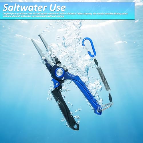 8.0” Lockable Fishing Pliers, Corrosion Resistant Saltwater Fishing Gear | Multi Purpose Fishing Tools - Braid Fish Line Cutter Split Ring Pliers Hook Remover Crimper w/ Lanyard, Fishing Gift for Men