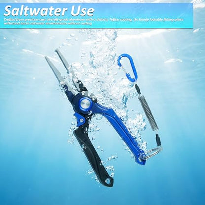 8.0” Lockable Fishing Pliers, Corrosion Resistant Saltwater Fishing Gear | Multi Purpose Fishing Tools - Braid Fish Line Cutter Split Ring Pliers Hook Remover Crimper w/ Lanyard, Fishing Gift for Men
