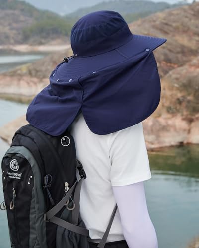 HUAMULAN Women Large Brim Sun Hat with Neck Flap, Men Quick Dry Hiking Fishing Safari Hat UPF 50+ - color: Navy With Mesh Panel