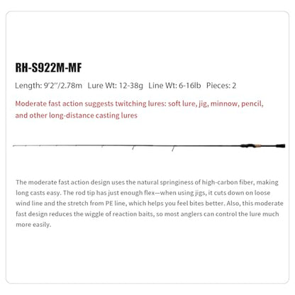 PURELURE Sharpen Fishing Rod 6'5'' - 9'2'' Spinning & Bait Casting Rod, M40JB+T1100G Carbon Fiber Blank, XF/MF Action Fishing Pole 2 Piece, Carbon Reel Seat Cork and EVA Handle, Fuji Guides - style: Spinning: S922m-mf-2pcs