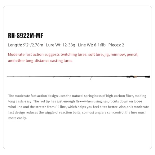 PURELURE Sharpen Fishing Rod 6'5''-9'2'' Spinning & Casting Rod L/ML/M/MH/H | M40JB+T1100G Carbon Fiber Blank, XF/MF Action Fishing Pole 2 Piece, Carbon Reel Seat Cork and EVA Handle, Fuji Guides - style: Spinning: S922m-mf-2pcs