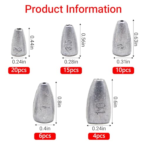 Fishing Weight Sinkers, 50pcs/55pcs Lead Worm Weights Fishing Sinkers for Bass Fishing Texas Rigs(2g/3.5g/5g/7g) - color: 2g/3.5g/5g/7g/10g-55pcs(Box)