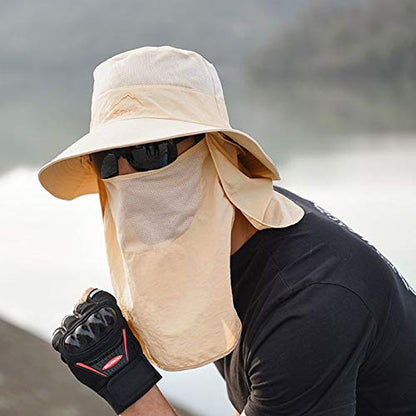 Fishing Hat for Men & Women, Outdoor UV Sun Protection Wide Brim Hat with Face Cover & Neck Flap - color: Khaki