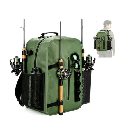 Floating Fishing Backpack IP68 Waterproof Submersible Zipper, Tackle Backpack Fits 2-3 3700 Tackle Boxes, 840D PVC Tackle Backpack with 3 Rod Holders, Fishing Accessories Gift for Men & Women