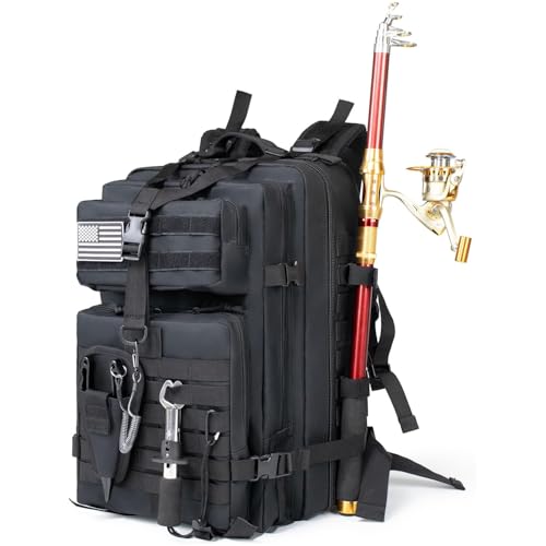 TBNBO 45l Large Fishing Tackle Backpack with Removable Plier Holder & Rod Holders, Fishing Gear and Tackle Box Organizer, Hiking Rucksack without Tackle Box,Black Tactical Bag - color: Black