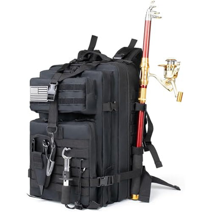 TBNBO 45l Large Fishing Tackle Backpack with Removable Plier Holder & Rod Holders, Fishing Gear and Tackle Box Organizer, Hiking Rucksack without Tackle Box,Black Tactical Bag - color: Black