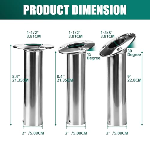 2 Pack Fishing Rod Holders for Boat, 316 Stainless Steel, 3 Angles (15°/30°/90°) Flush Mount, Heavy Duty Saltwater Corrosion Resistant with Thickened Nylon Nesting & Stopper Pin - style: 90 Degree