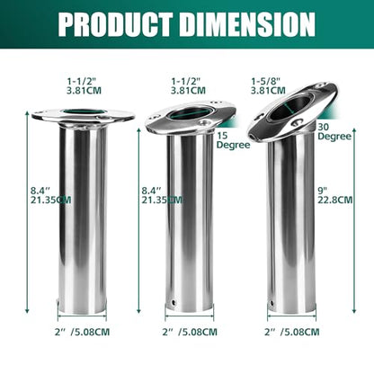 2 Pack Fishing Rod Holders for Boat, 316 Stainless Steel, 3 Angles (15°/30°/90°) Flush Mount, Heavy Duty Saltwater Corrosion Resistant with Thickened Nylon Nesting & Stopper Pin - style: 90 Degree