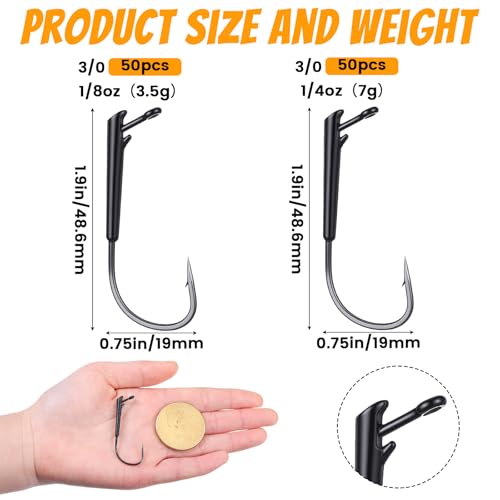 Seenelling 50 Pcs 3/0 Rig Fishing Hooks Weedless Rig Hooks High Carbon Steel Jig Heads for Saltwater Freshwater Bass, Trout, Catfish - size: 1/4 oz