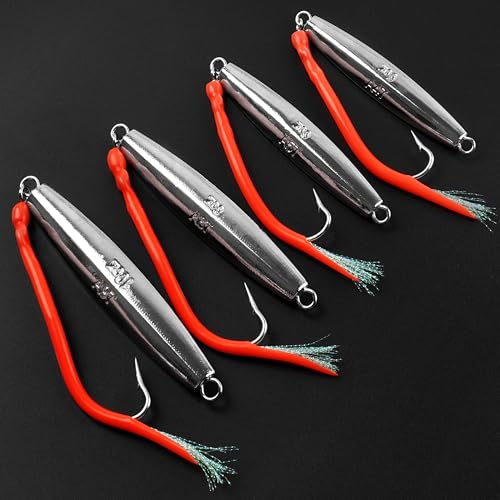 Diamond Jig Saltwater Fishing Lure, 2/3pcs Casting Jigging Spoons with Split Tube Tail Striped Bass Flat Metal Jig for Surf Fishing Bottom Sinking Bouncing Deep Sea Ocean 1-10oz - size: 5oz, style: 2pcs-red