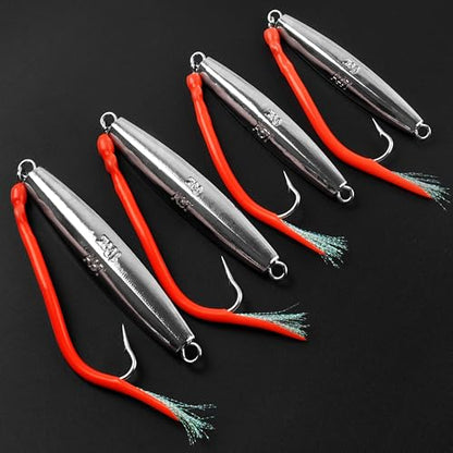 Diamond Jig Saltwater Fishing Lure, 2/3pcs Casting Jigging Spoons with Split Tube Tail Striped Bass Flat Metal Jig for Surf Fishing Bottom Sinking Bouncing Deep Sea Ocean 1-10oz - size: 5oz, style: 2pcs-red