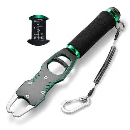 XKCZ 2-in-1 Fish Gripper with Scale, 40lb Fish Lip Gripper, One-Hand Fish Grabber with 360° Swivel, CNC-Machined Aluminum Fishing Gripper Tool with Lanyard for Bass, Saltwater Freshwater Fishing
