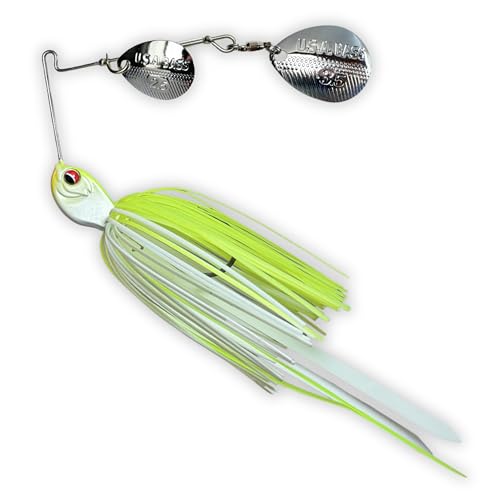 USA BASS Tackle Apache Attack Spinnerbait Type II Largemouth Smallmouth Spotted Bass Premium Fishing Bait Handtied Skirt Custom Blades Heavy Duty Hook New for 2025 - color: White Chartreuse, size: 1/2oz - Colorado/Colorado
