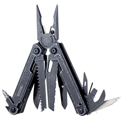 EDGE Multi-Tool Pliers, 14-in-1 Stainless Steel Multitool with Knife, Saw, Scissors, Wire Cutter & Screwdriver Bits, Compact Folding Pocket Tool for Camping, Survival, Fishing & Car Emergency (Black) - color: Black