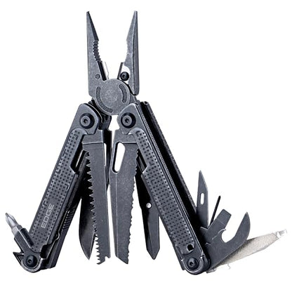 EDGE Multi-Tool Pliers, 14-in-1 Stainless Steel Multitool with Knife, Saw, Scissors, Wire Cutter & Screwdriver Bits, Compact Folding Pocket Tool for Camping, Survival, Fishing & Car Emergency (Black) - color: Black