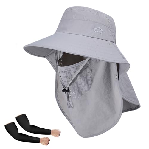 Rosoz Sun Hat for Men Women with Neck Flap,Wide Brim UPF50+ Fishing Hat with Detachable Face Cover Outdoor Sun Protection Hat - color: 1pack-light Greyi/Arm Sleeves